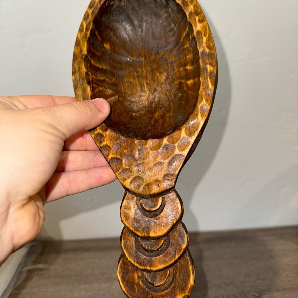 Unique Hand Carved Wood Bowl Spoon Brown 11” Primitive - Picture 2 of 5